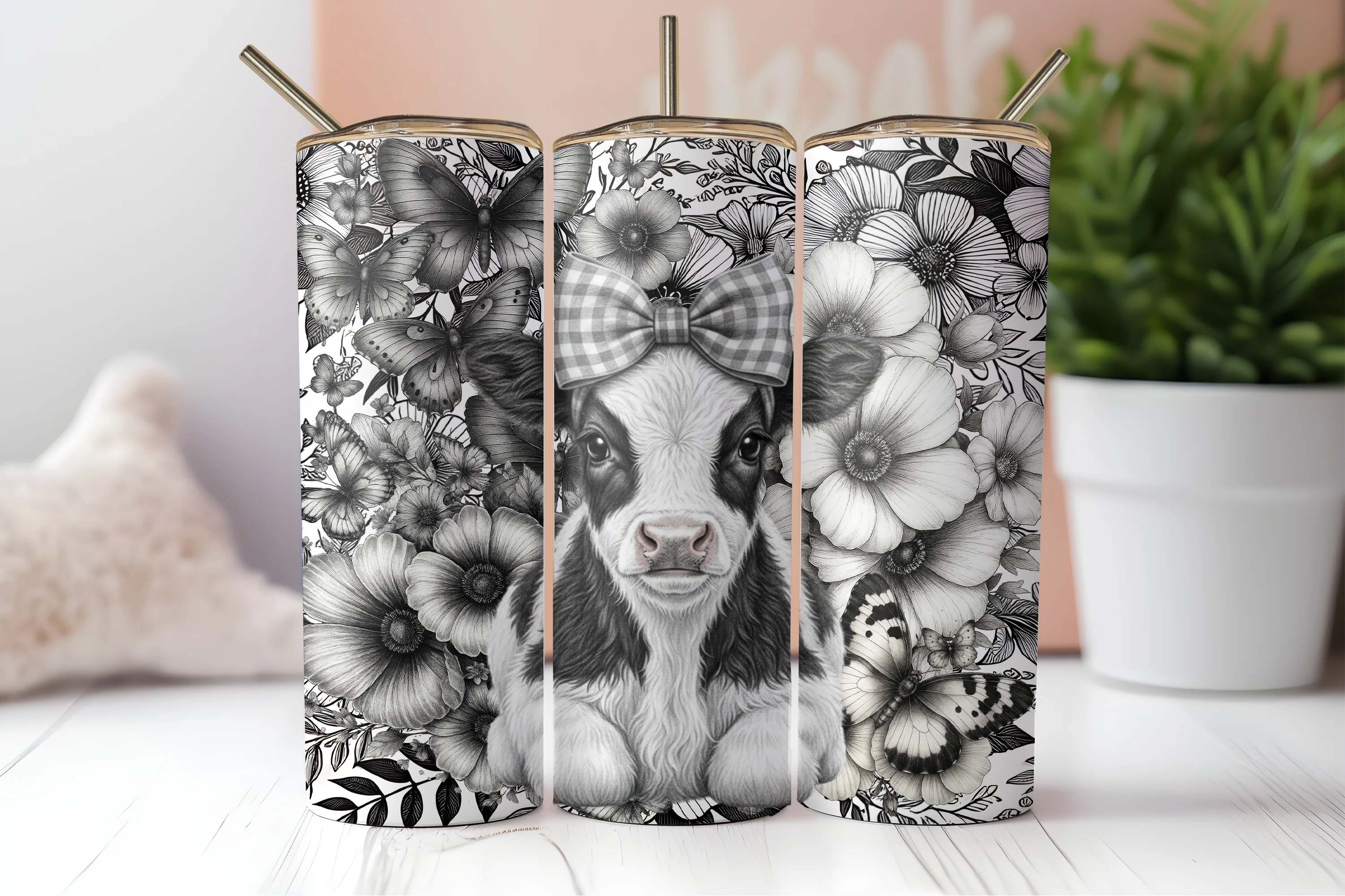 Black and white cow with flowers