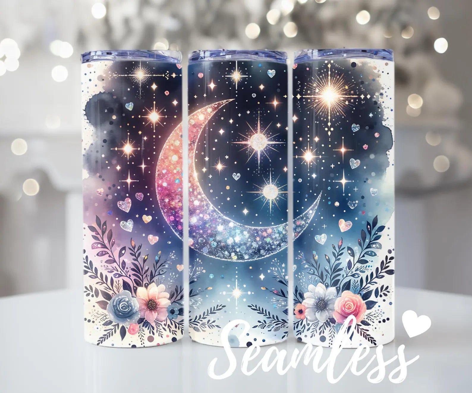 Celestial Moon and Flowers Tumbler